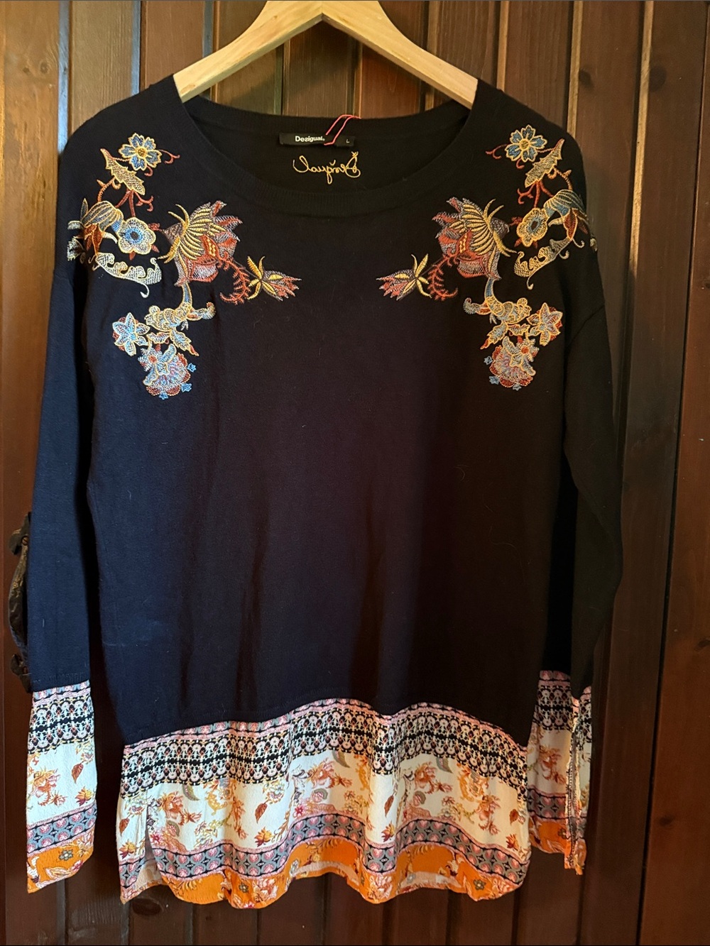 Desigual Black Embroidered Floral Sweater with Printed Hem and cuff NWOT Size L